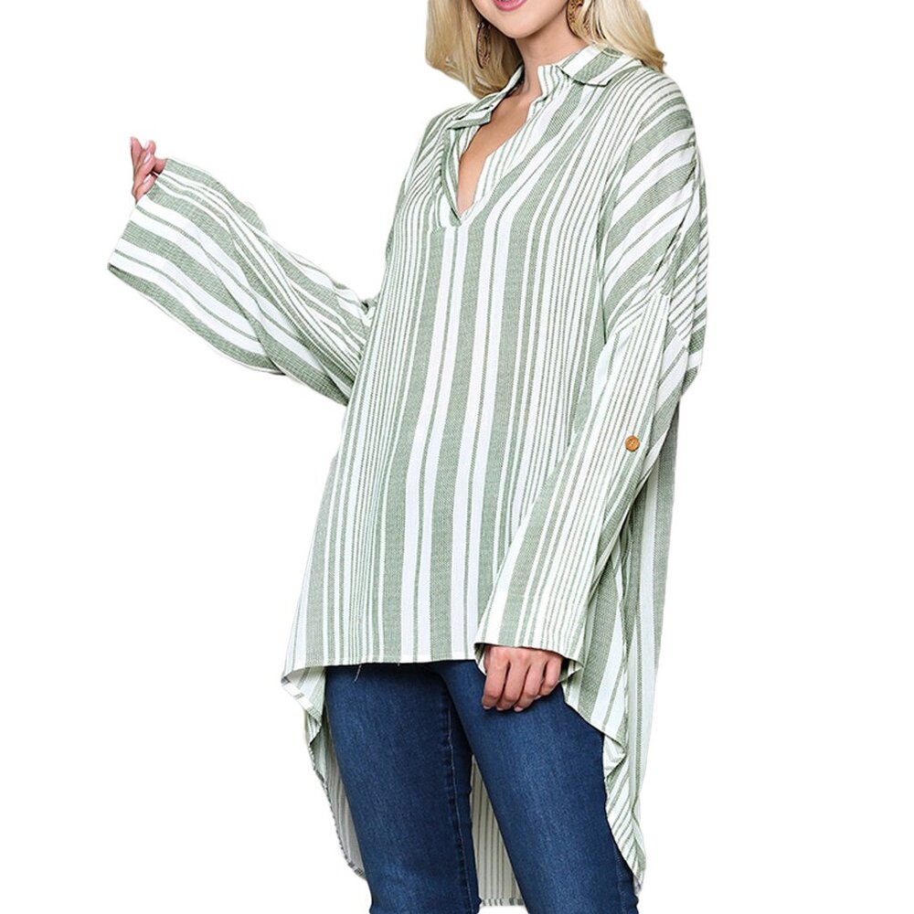 GIGIO Rayon Relax Oversize Striped Collar vNeck Long Sleeve Sage Green Shirt